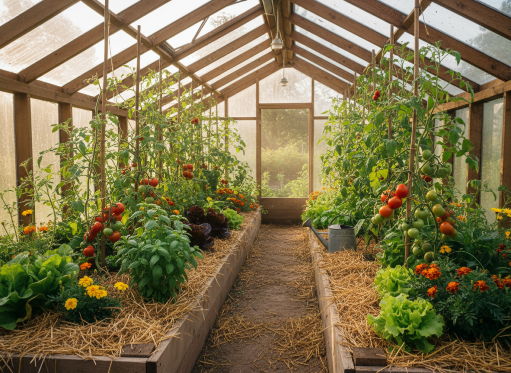 Intérieur d'une serre cultivée en permaculture avec paillage, tomates, basilic et salades